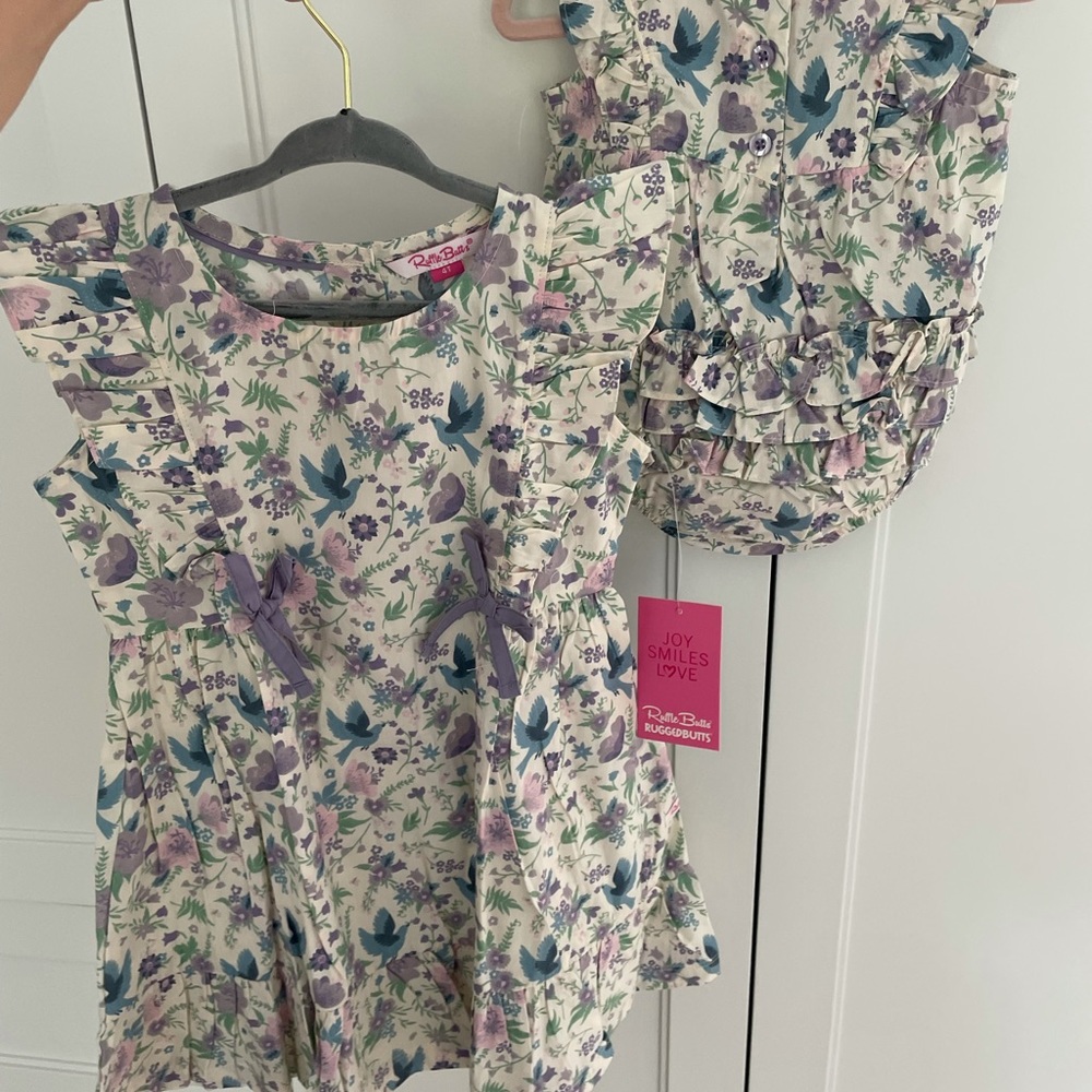 Matching brand new Rufflebutts girls dress and bubble. 4T & 3-6 months.